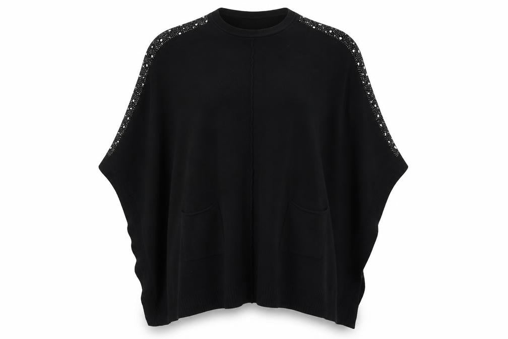 Front view of Lucy Sparks women’s black crew neck polyamide cape jumper, size L