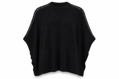 Front view of Lucy Sparks women’s black crew neck polyamide cape jumper, size L
