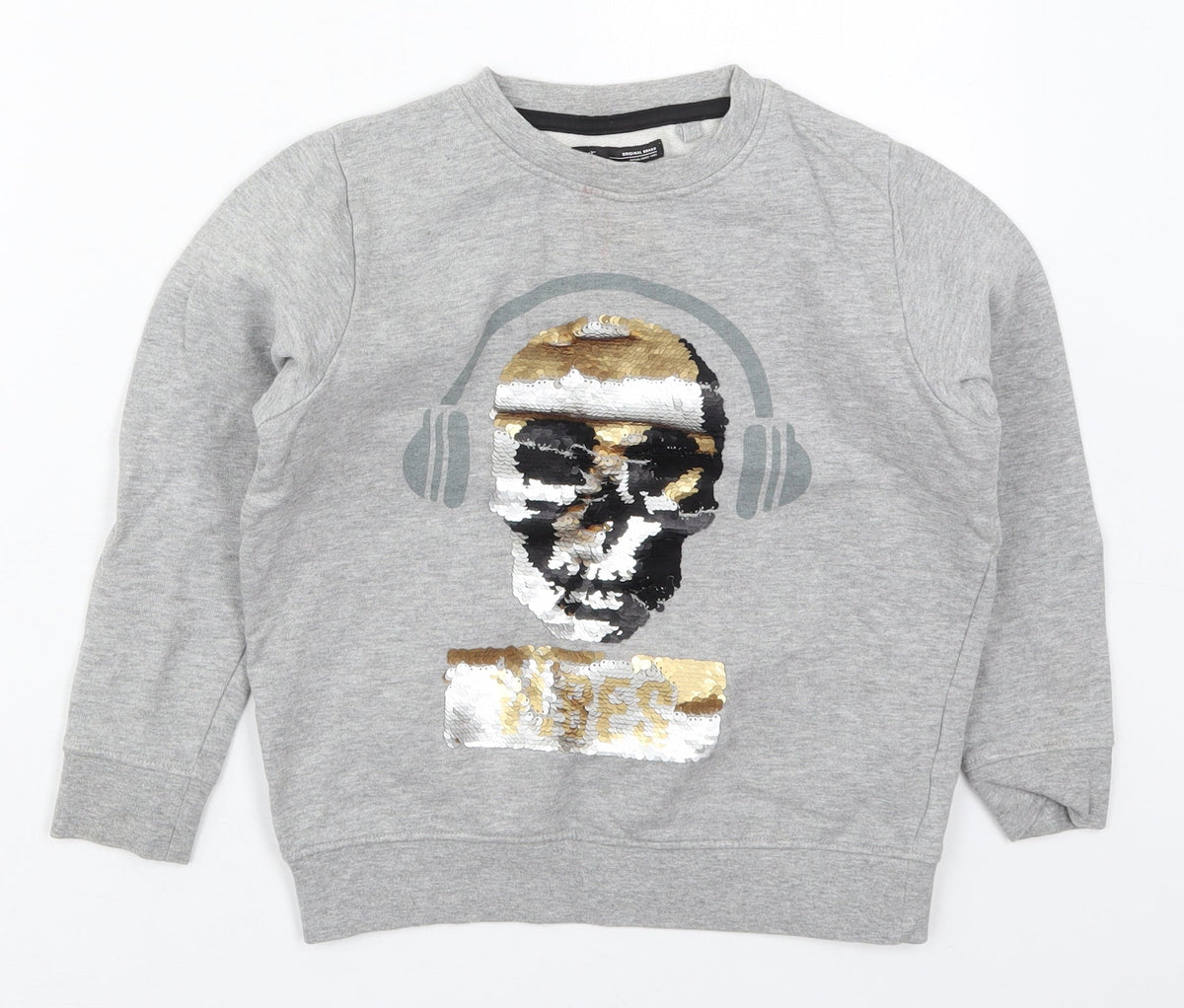 Additional front view of Next boys’ grey cotton pullover sweatshirt, size 9, years pullover - dj skull