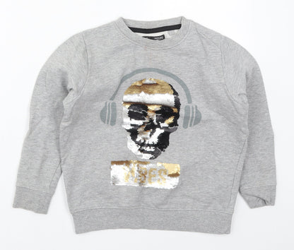 Additional front view of Next boys’ grey cotton pullover sweatshirt, size 9, years pullover - dj skull