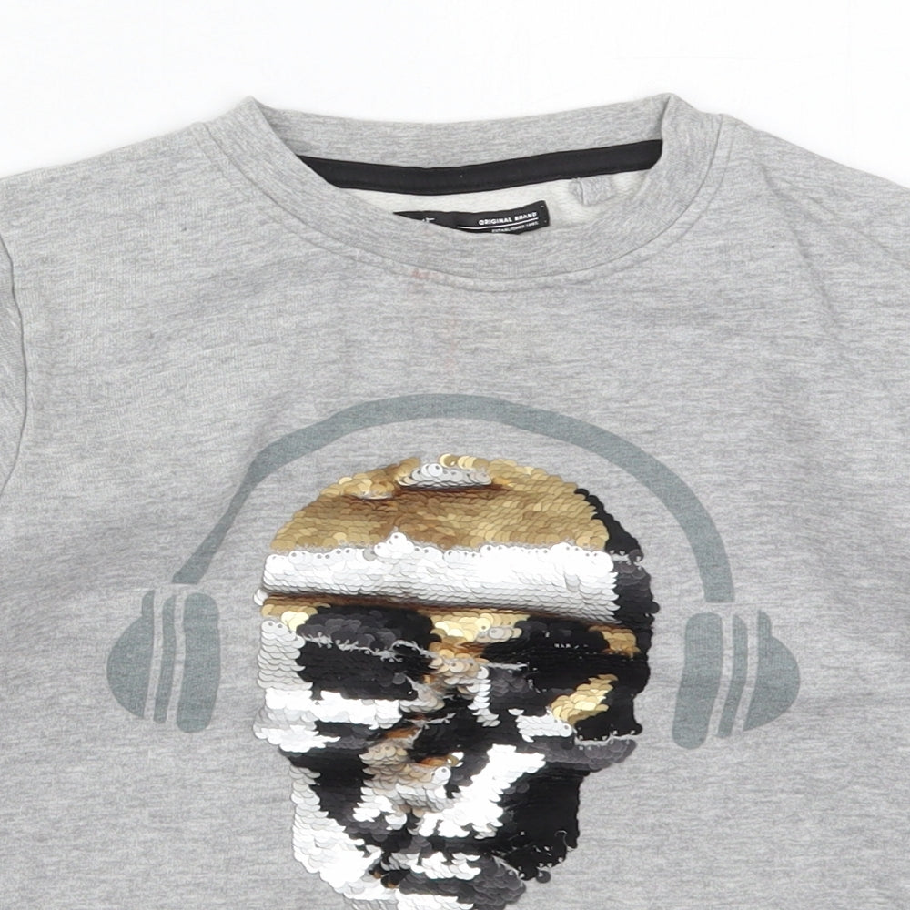 Close-up detail of Next boys’ grey cotton pullover sweatshirt, size 9, years pullover - dj skull