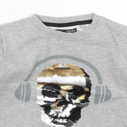 Close-up detail of Next boys’ grey cotton pullover sweatshirt, size 9, years pullover - dj skull
