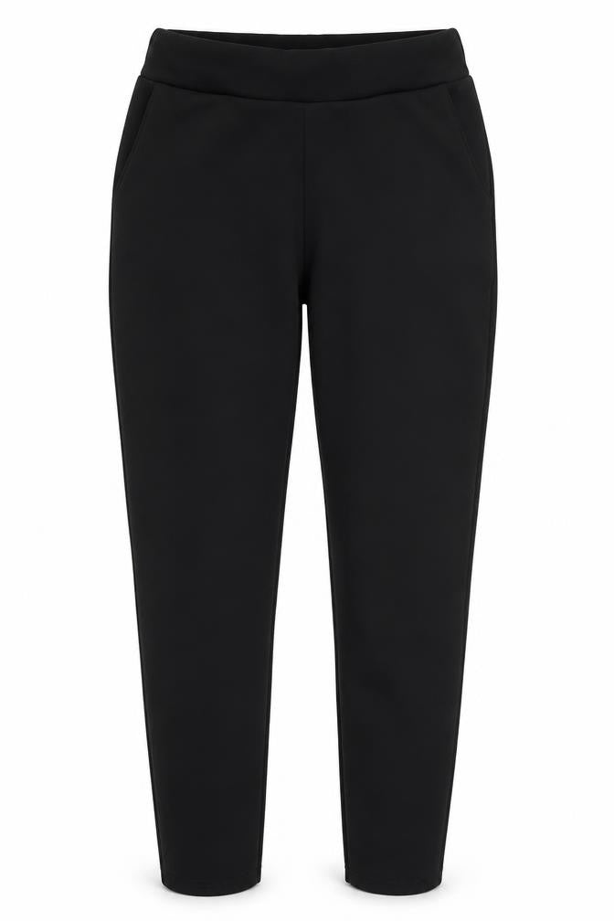 Front view of Boohoo women’s black polyester carrot trousers, size UK 10, 25-inch leg regular