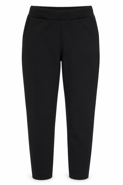 Front view of Boohoo women’s black polyester carrot trousers, size UK 10, 25-inch leg regular