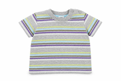 Front view of Disney boys’ grey striped cotton basic t-shirt, size 3-6, months round neck button