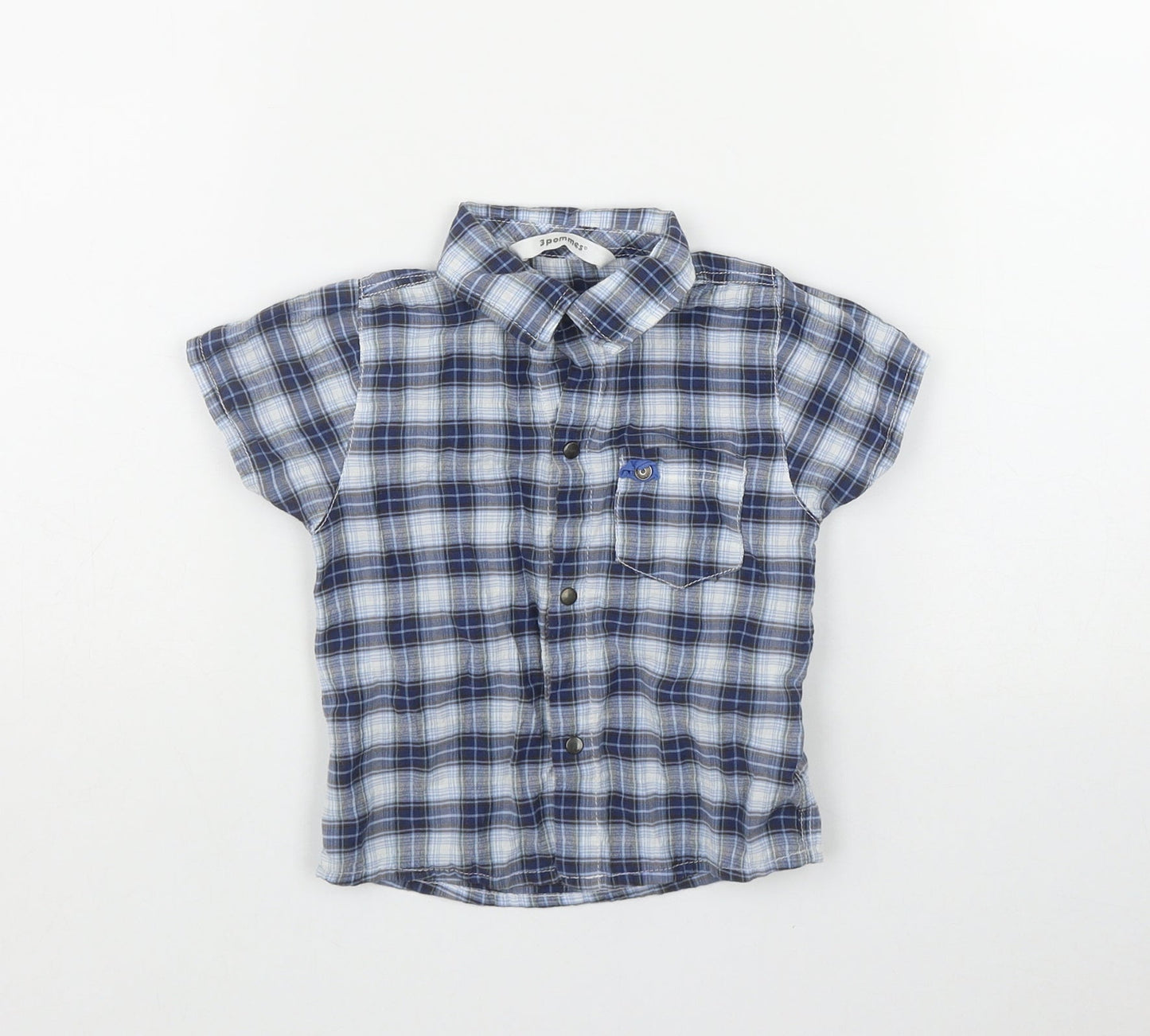 3 Pommes Boys Blue Plaid Cotton Basic Button-Up Size 12 Months Collared Snap