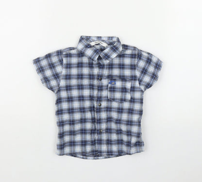 3 Pommes Boys Blue Plaid Cotton Basic Button-Up Size 12 Months Collared Snap