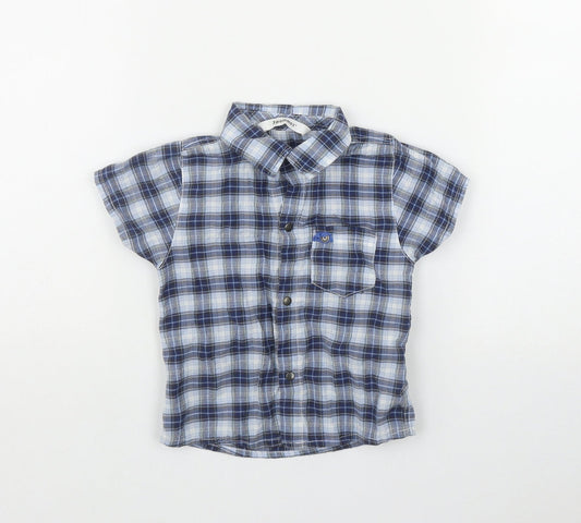 Additional front view of 3 Pommes boys’ blue plaid cotton basic button-up, size 12, months collared snap