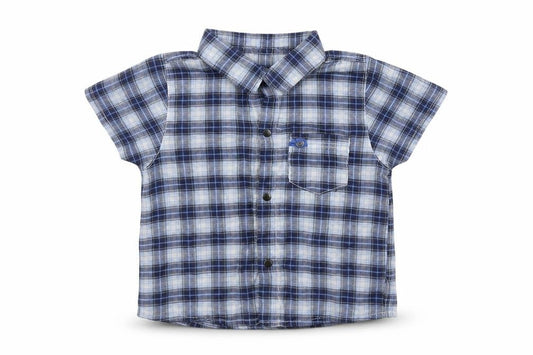 Front view of 3 Pommes boys’ blue plaid cotton basic button-up, size 12, months collared snap