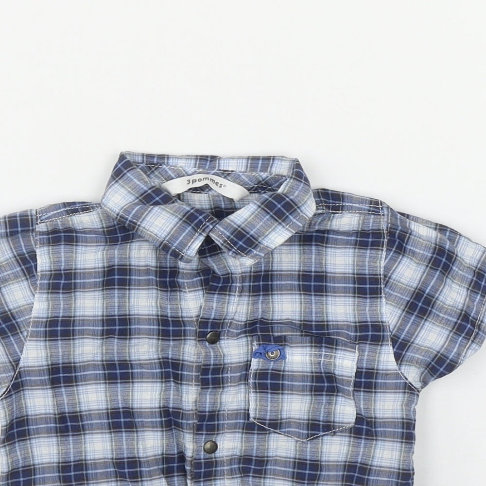3 Pommes Boys Blue Plaid Cotton Basic Button-Up Size 12 Months Collared Snap