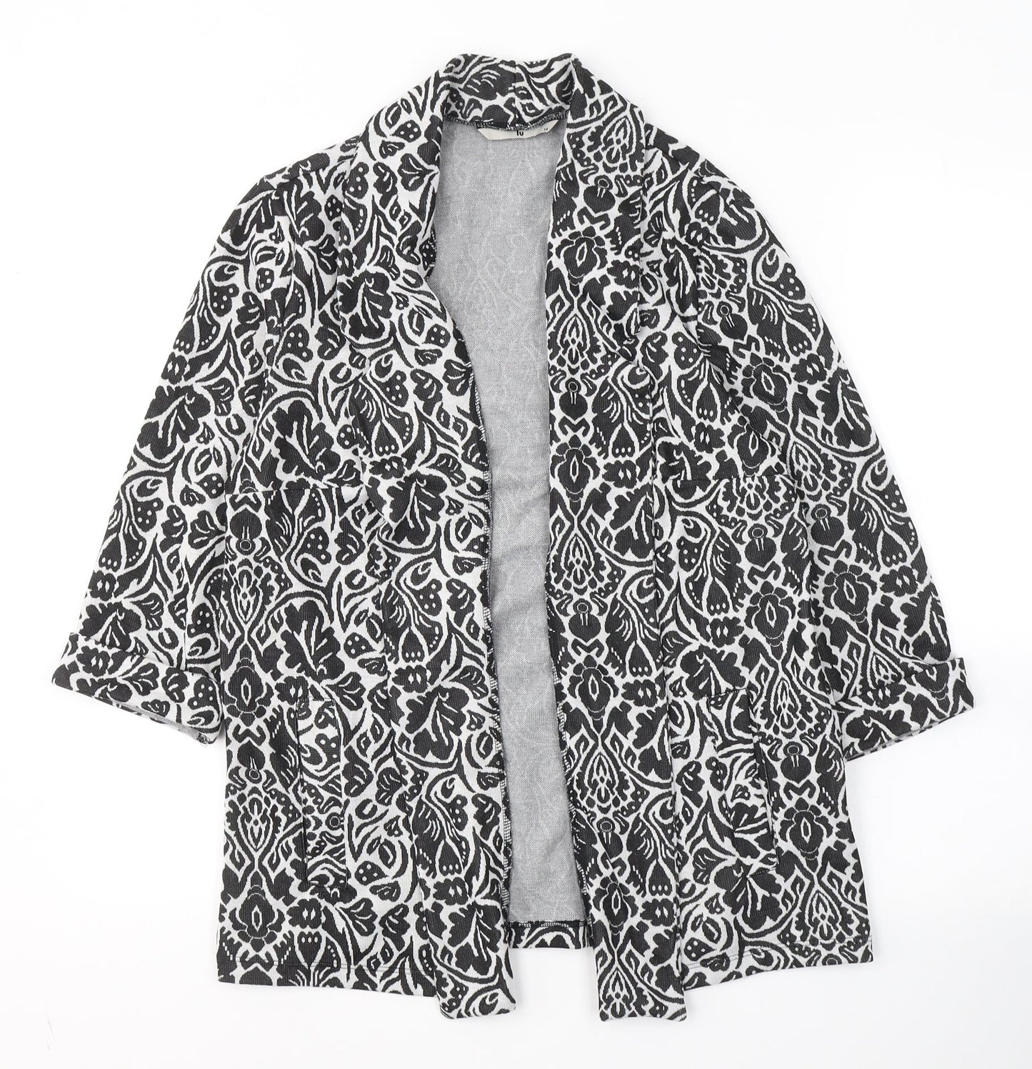 TU Womens Black V-Neck Floral Polyester Cardigan Jumper Size 14