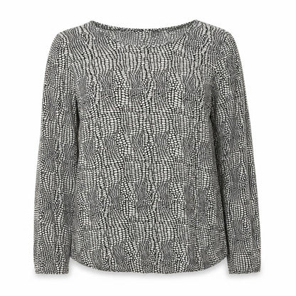 Front view of St Martins women’s black geometric viscose basic blouse, size UK 10, round neck