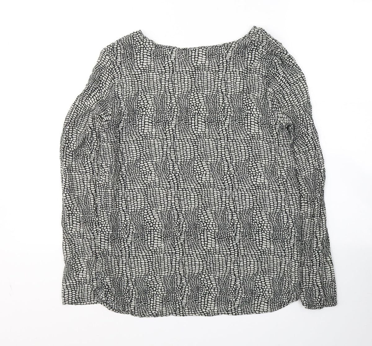 Back view of St Martins women’s black geometric viscose basic blouse, size UK 10, round neck