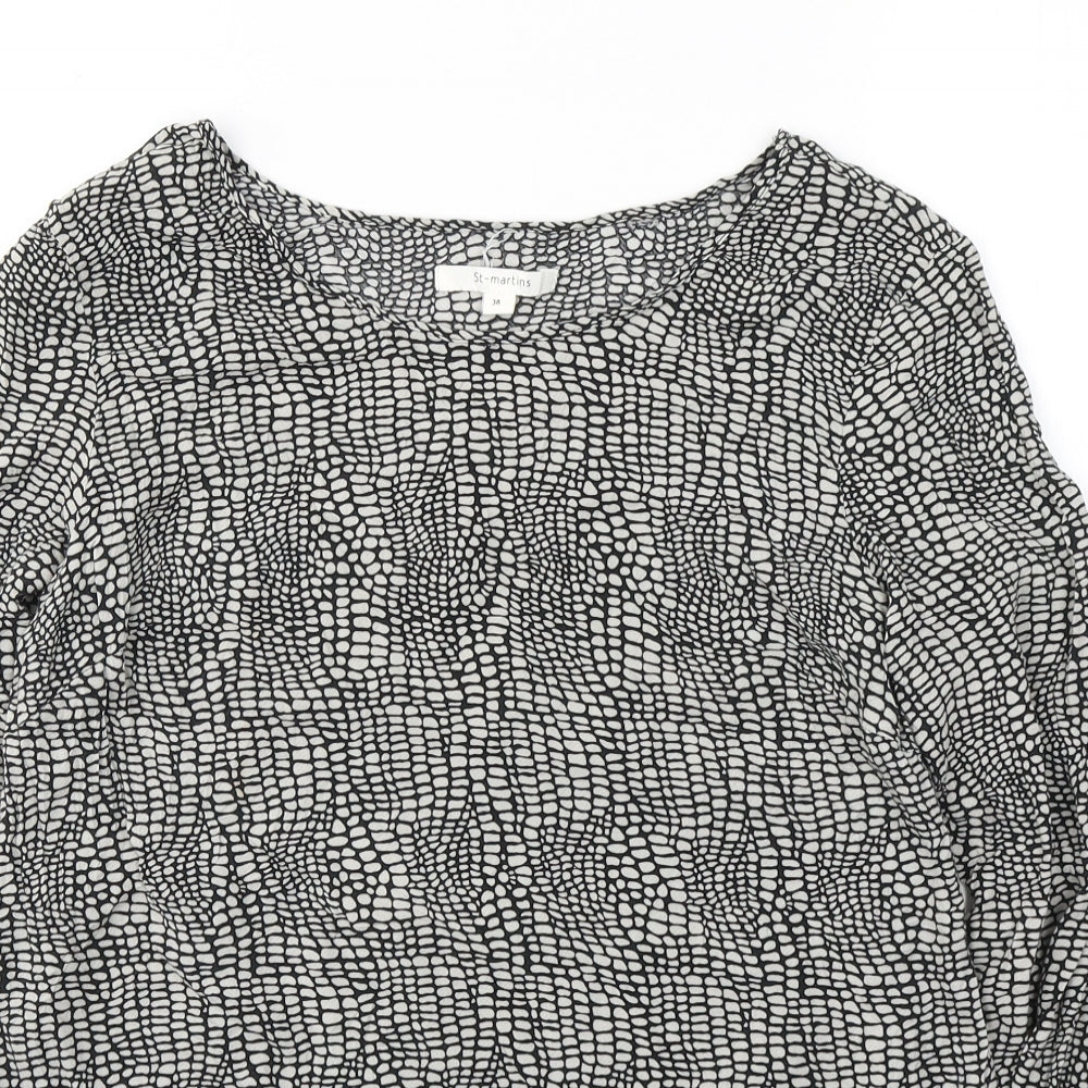 Close-up detail of St Martins women’s black geometric viscose basic blouse, size UK 10, round neck