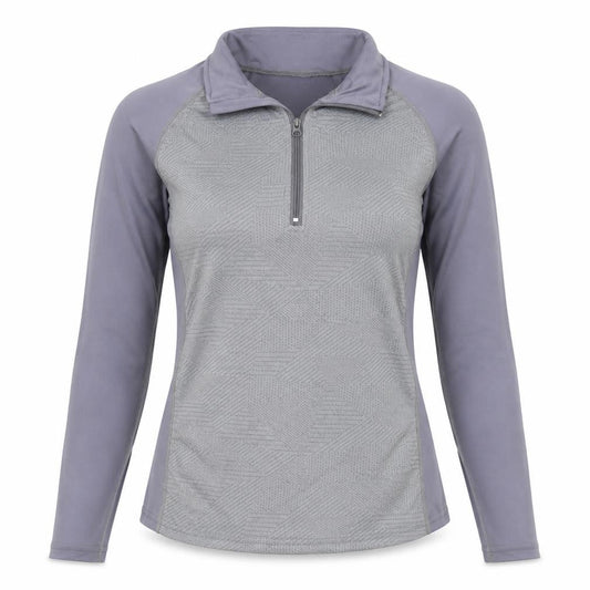 Front view of SHEIN women’s grey polyester pullover t-shirt, size M, collared zip