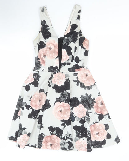 New Look Womens Grey Floral Polyester A-Line  Size 8  Sweetheart Zip