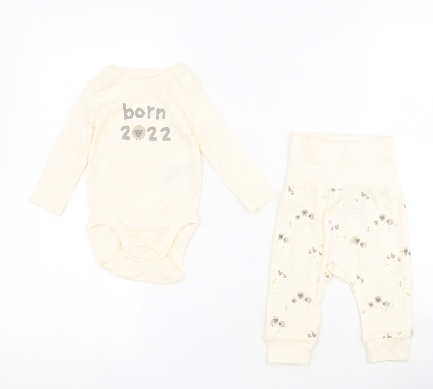 H&M Baby Beige  100% Cotton Dress Set Outfit/Set Size 0-3 Months  Snap - Sheep