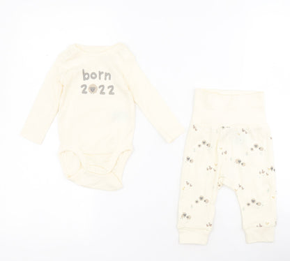 H&M Baby Beige  100% Cotton Dress Set Outfit/Set Size 0-3 Months  Snap - Sheep