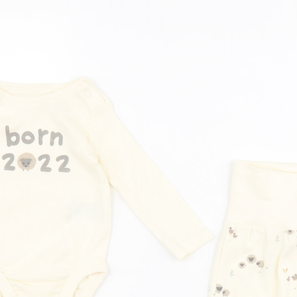 H&M Baby Beige  100% Cotton Dress Set Outfit/Set Size 0-3 Months  Snap - Sheep