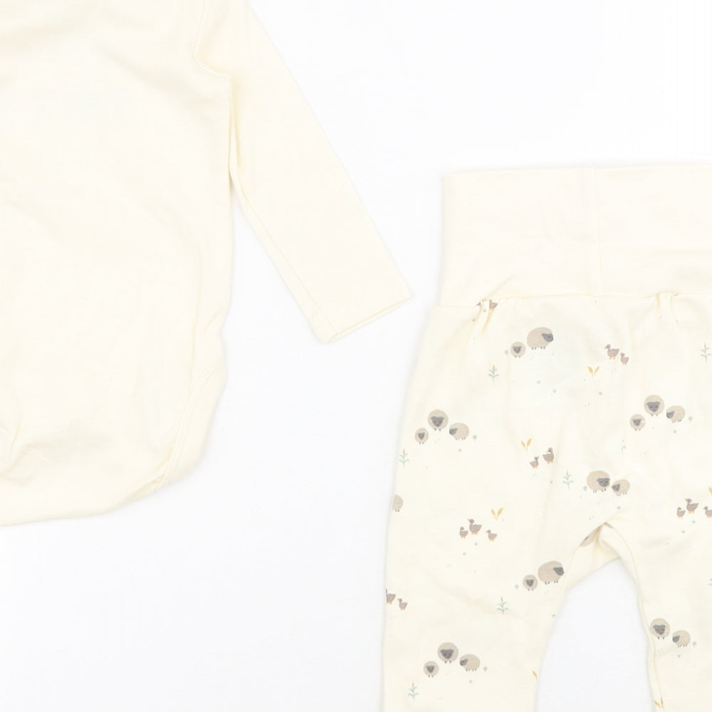 H&M Baby Beige  100% Cotton Dress Set Outfit/Set Size 0-3 Months  Snap - Sheep