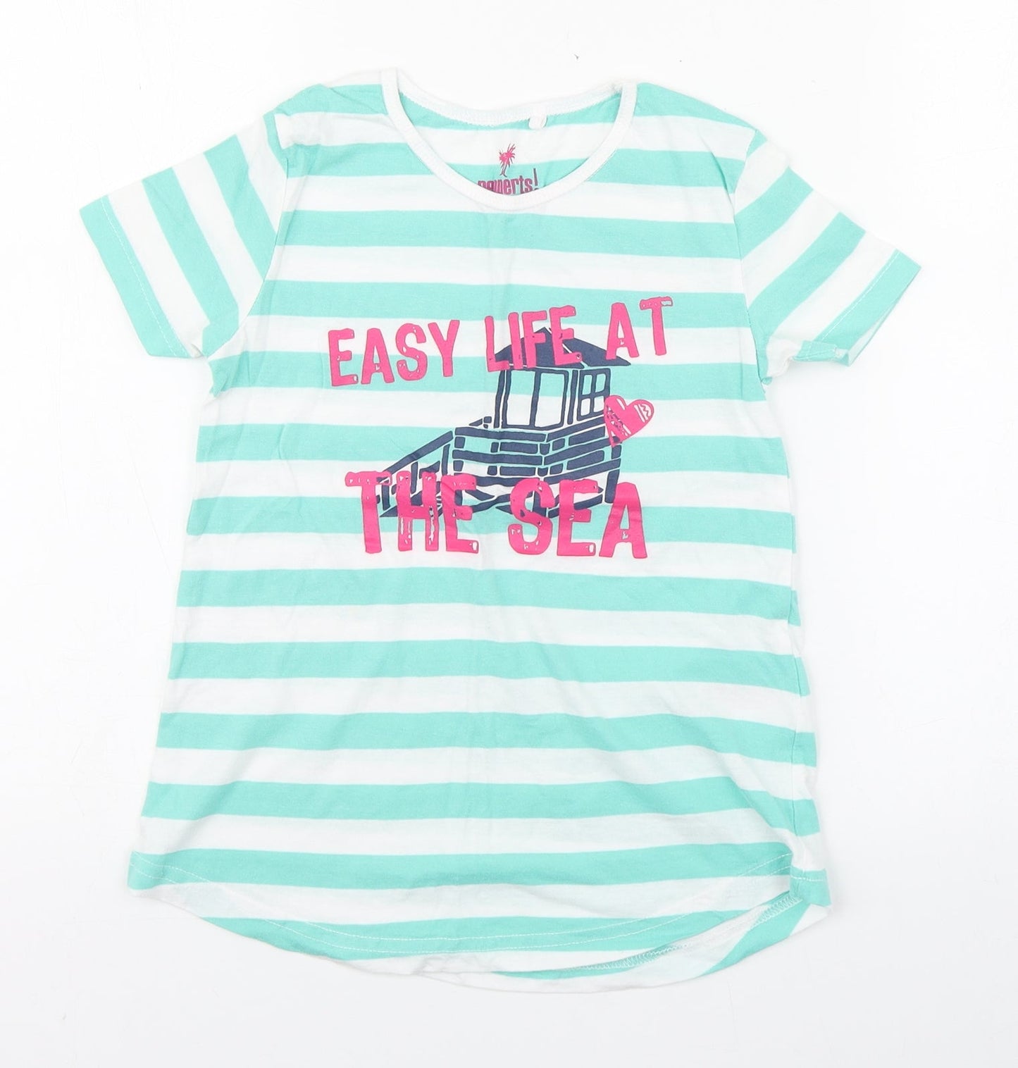 Pepperts Girls Green Striped 100% Cotton Basic T-Shirt Size 8 Years Round Neck Pullover - Sea Size 6-8
