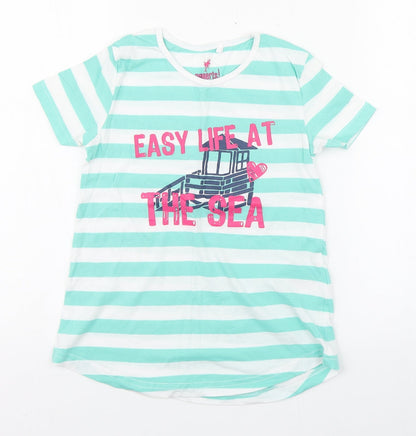 Pepperts Girls Green Striped 100% Cotton Basic T-Shirt Size 8 Years Round Neck Pullover - Sea Size 6-8