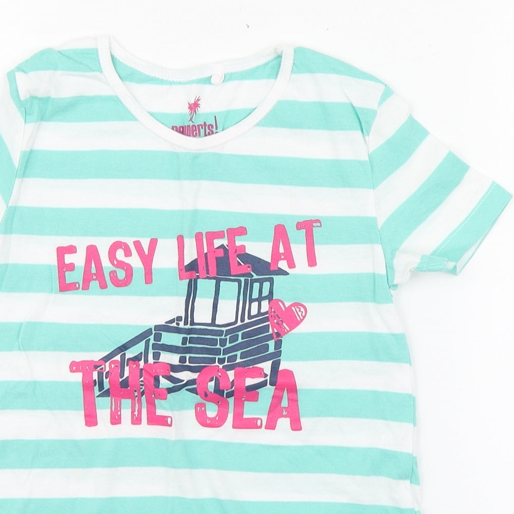 Pepperts Girls Green Striped 100% Cotton Basic T-Shirt Size 8 Years Round Neck Pullover - Sea Size 6-8