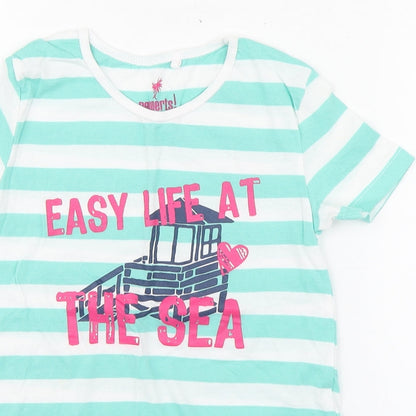 Pepperts Girls Green Striped 100% Cotton Basic T-Shirt Size 8 Years Round Neck Pullover - Sea Size 6-8