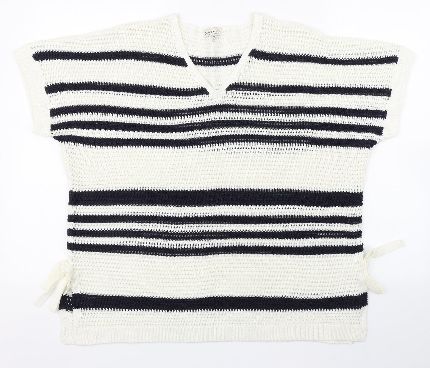 F&F Womens White V-Neck Striped Acrylic Pullover Jumper Size 16