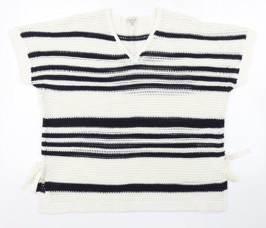 F&F Womens White V-Neck Striped Acrylic Pullover Jumper Size 16