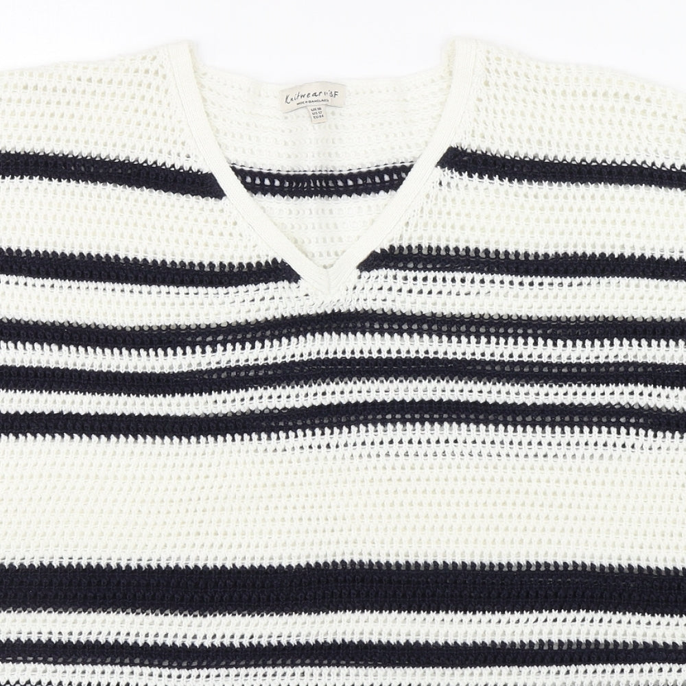 F&F Womens White V-Neck Striped Acrylic Pullover Jumper Size 16