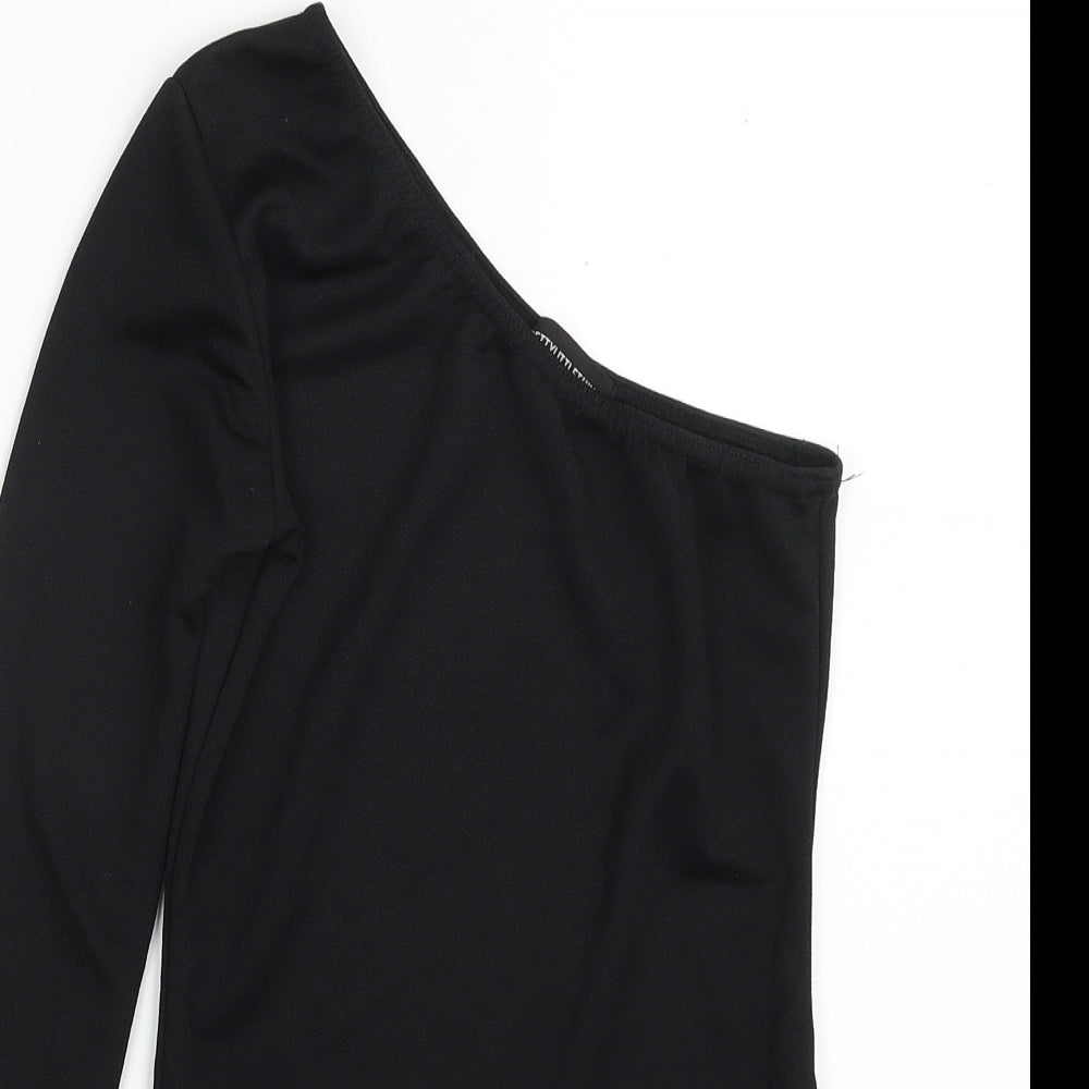 PRETTYLITTLETHING Womens Black  Polyester Bodysuit One-Piece Size 6  Pullover - One Shoulder; One Sleeve