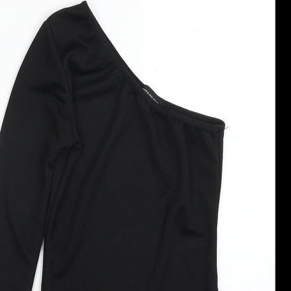 PRETTYLITTLETHING Womens Black  Polyester Bodysuit One-Piece Size 6  Pullover - One Shoulder; One Sleeve
