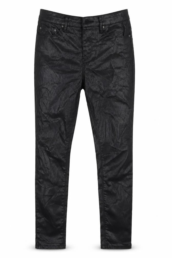 Front view of ASOS women’s black cotton skinny jeans, size UK 26, in, 27-inch leg slim zip