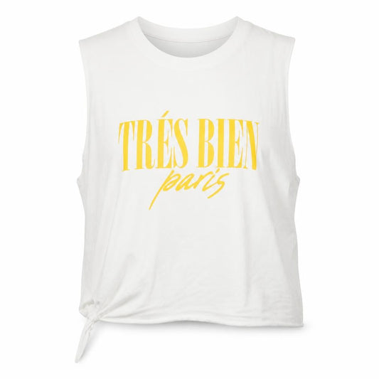 Front view of New Look women’s white cotton cropped tank, size UK 14, round neck - tres bien, tie front
