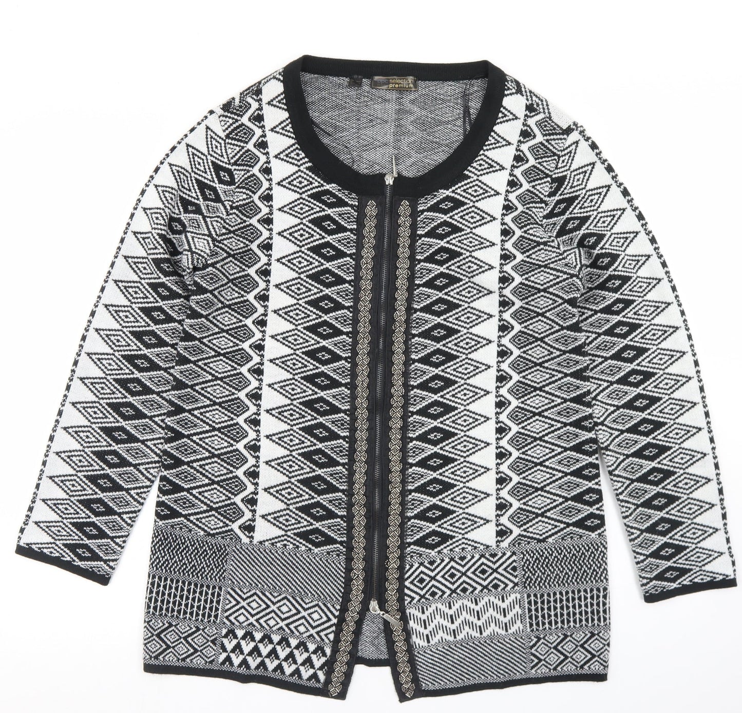 BPC Selection Womens Black Round Neck Argyle/Diamond Acrylic Full Zip Jumper Size M