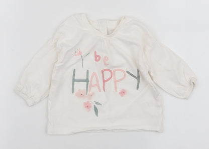 Matalan Girls White  100% Cotton Jersey T-Shirt Size 3-6 Months Round Neck Button - Be happy