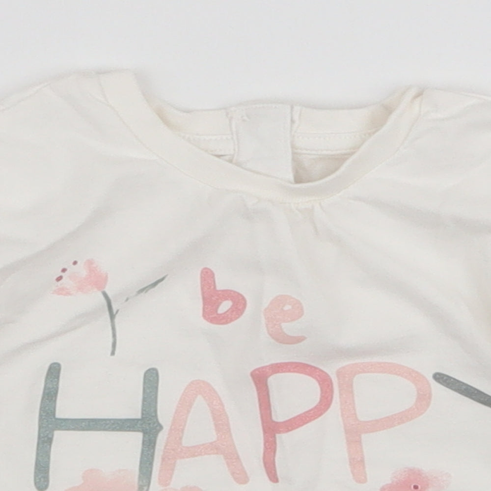 Matalan Girls White  100% Cotton Jersey T-Shirt Size 3-6 Months Round Neck Button - Be happy