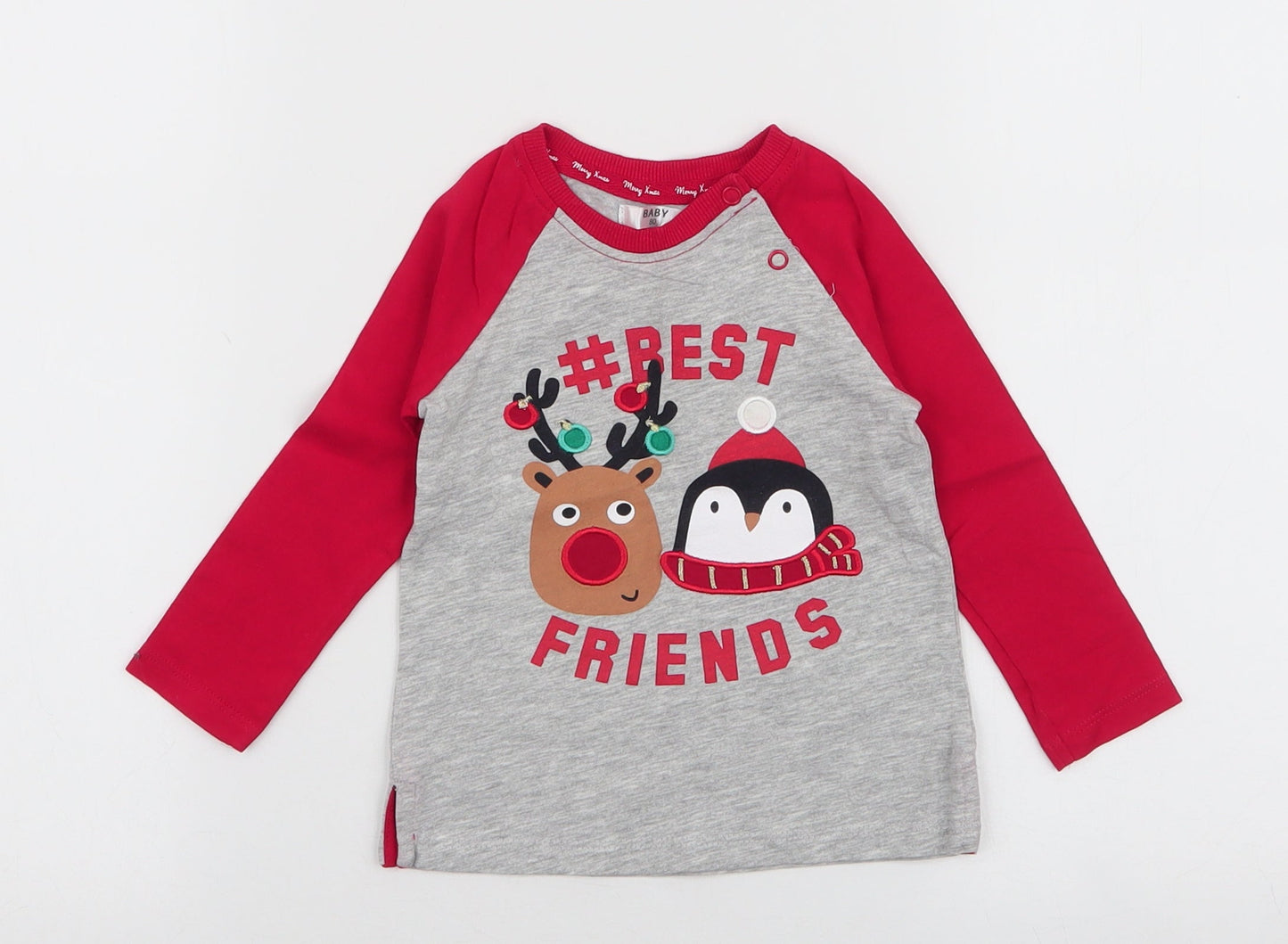 Preworn Boys Multicoloured  100% Cotton Jersey T-Shirt Size 12 Months Round Neck Snap - Christmas