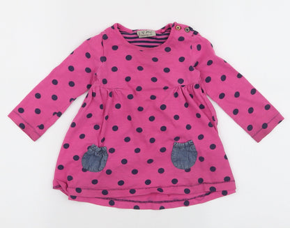 NEXT Girls Pink Polka Dot 100% Cotton Skater Dress  Size 12-18 Months  Round Neck Button