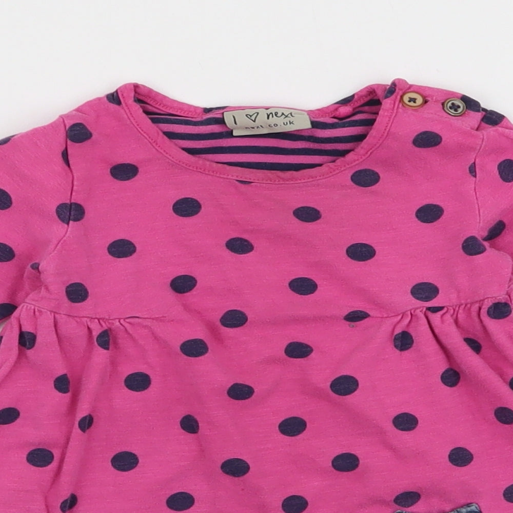 NEXT Girls Pink Polka Dot 100% Cotton Skater Dress  Size 12-18 Months  Round Neck Button