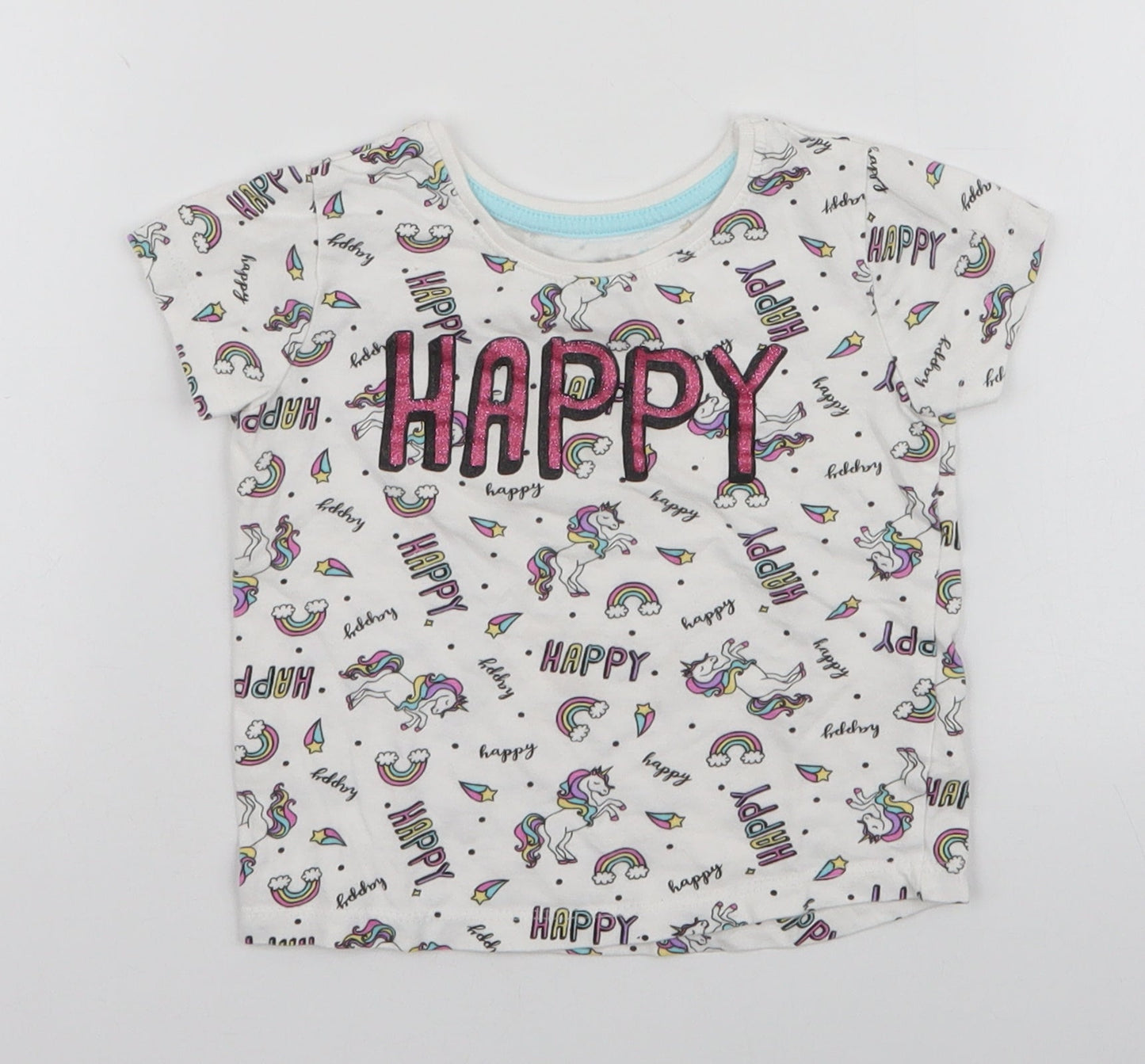 Primark Girls Multicoloured  100% Cotton Jersey T-Shirt Size 18-24 Months Round Neck Pullover - Unicorns Rainbows