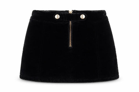 Front view of Dunnes girls’ black cotton a-line skirt, size 4, years regular zip