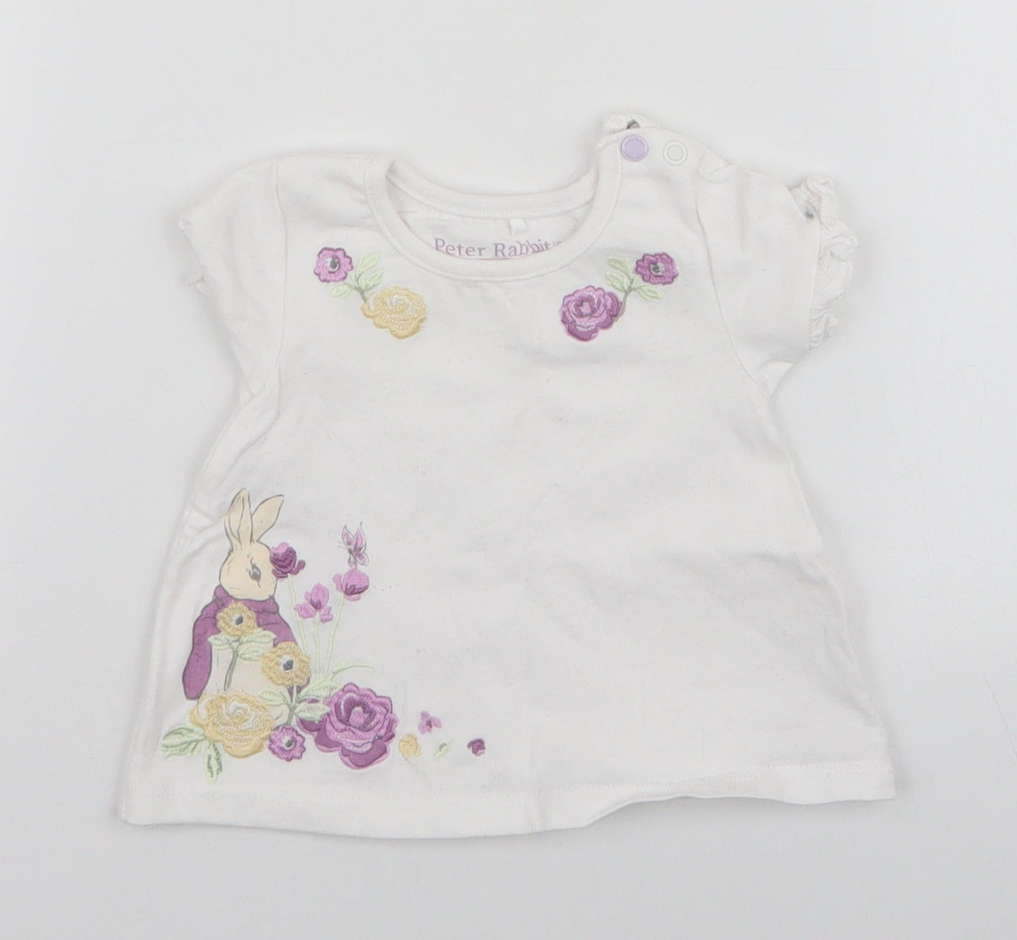TU Girls White  Cotton Pullover T-Shirt Size 3-6 Months Round Neck Button - Peter Rabbit