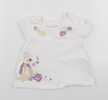 TU Girls White  Cotton Pullover T-Shirt Size 3-6 Months Round Neck Button - Peter Rabbit