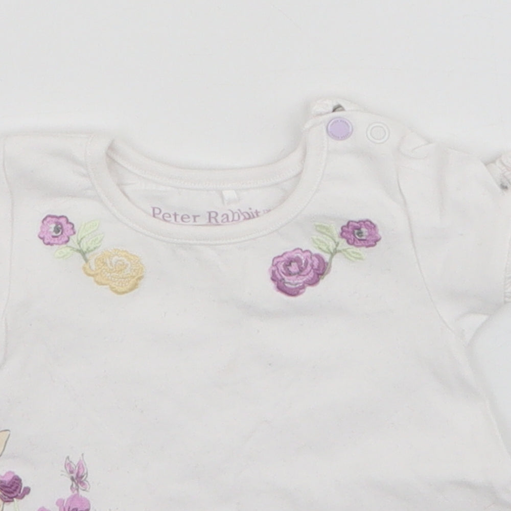TU Girls White  Cotton Pullover T-Shirt Size 3-6 Months Round Neck Button - Peter Rabbit