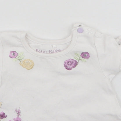 TU Girls White  Cotton Pullover T-Shirt Size 3-6 Months Round Neck Button - Peter Rabbit