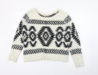 TU Womens White Scoop Neck Geometric Polyester Pullover Jumper Size 10