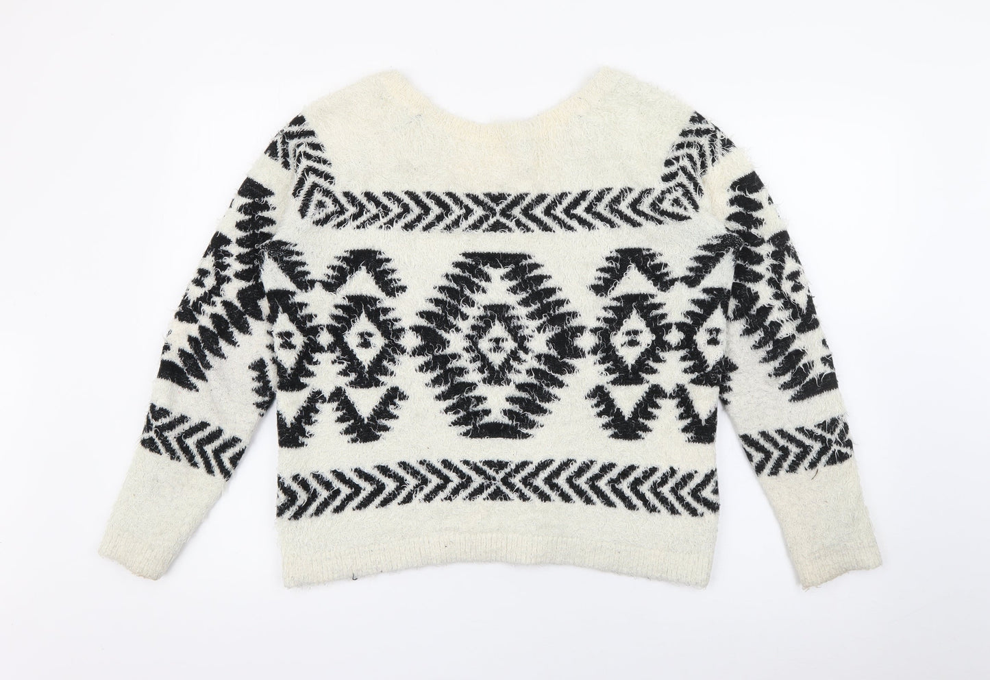 TU Womens White Scoop Neck Geometric Polyester Pullover Jumper Size 10