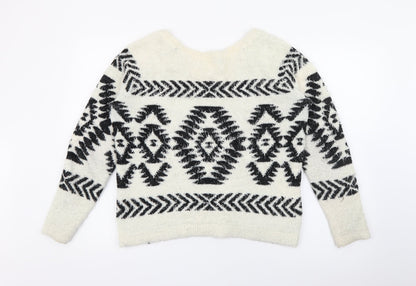 TU Womens White Scoop Neck Geometric Polyester Pullover Jumper Size 10
